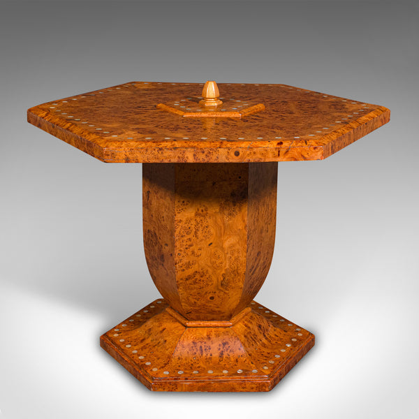 Vintage Hexagonal Coffee Table, English, Burr Walnut, Centrepiece, Art Deco