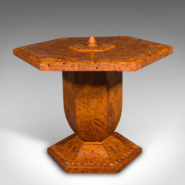 Vintage Hexagonal Coffee Table, English, Burr Walnut, Centrepiece, Art Deco