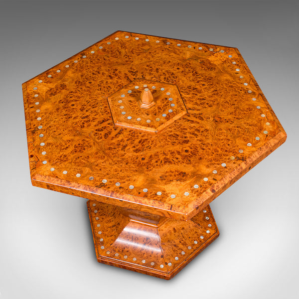 Vintage Hexagonal Coffee Table, English, Burr Walnut, Centrepiece, Art Deco