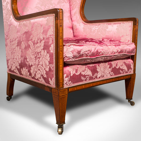 Antique Wing Back Chair, English, Silk Cotton, Morning Room Armchair, Edwardian