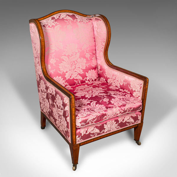 Antique Wing Back Chair, English, Silk Cotton, Morning Room Armchair, Edwardian