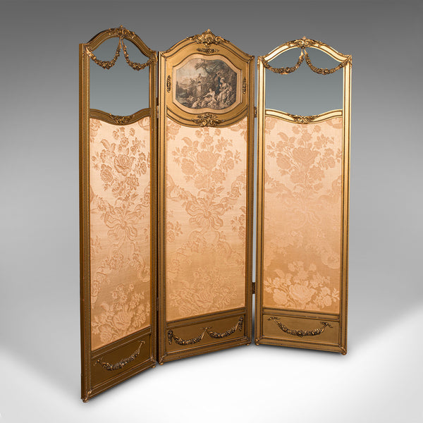 Antique 3 Panel Dressing Screen, French, Giltwood, Room Divider, Victorian, 1900