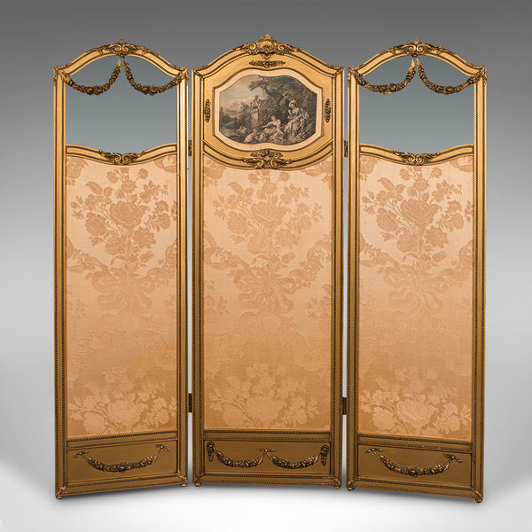 Antique 3 Panel Dressing Screen, French, Giltwood, Room Divider, Victorian, 1900