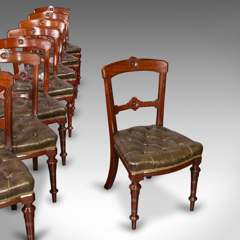Set of 8 Antique Dining Chairs, English, Walnut, Leather, Victorian, Circa 1870