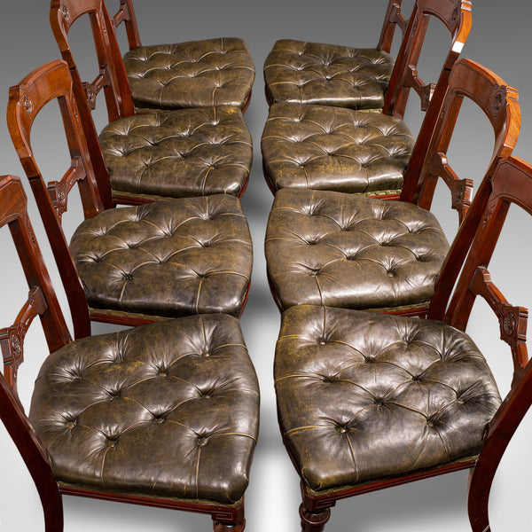 Set of 8 Antique Dining Chairs, English, Walnut, Leather, Victorian, Circa 1870