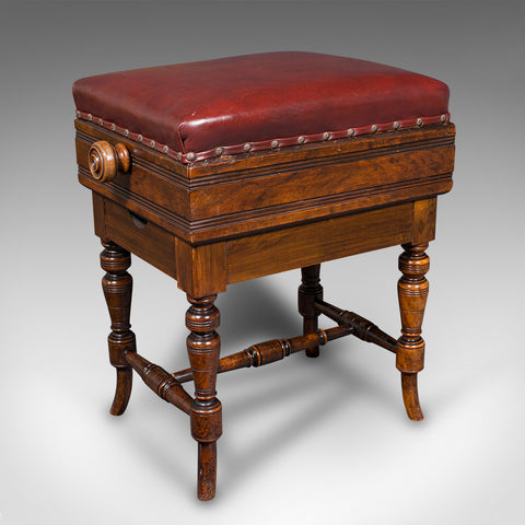 Antique Piano Stool, English, Walnut, Adjustable Music Riser, Brooks, Victorian