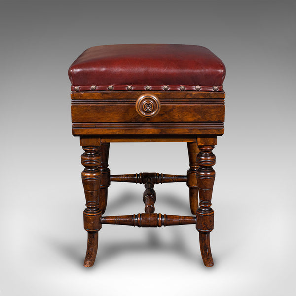 Antique Piano Stool, English, Walnut, Adjustable Music Riser, Brooks, Victorian