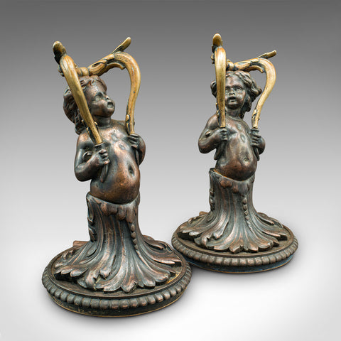 Pair Of Antique Decorative Cherubs, English, Bronze, Doorstops, Victorian, 1900