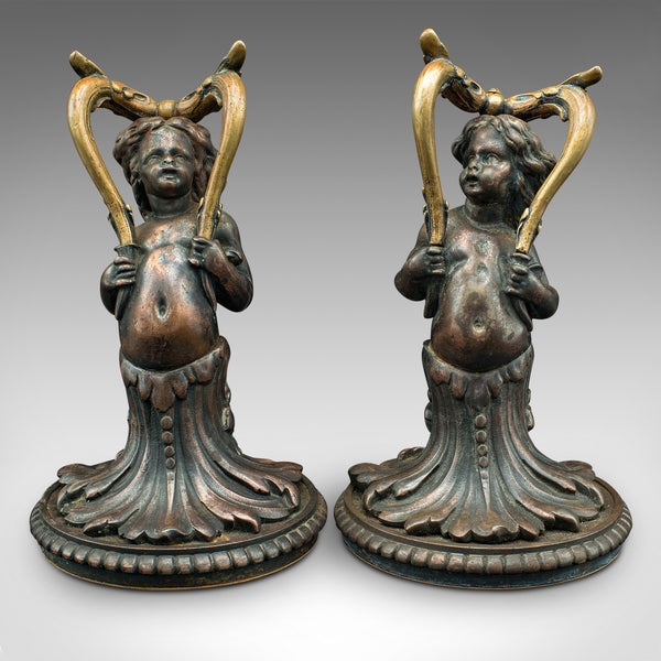 Pair Of Antique Decorative Cherubs, English, Bronze, Doorstops, Victorian, 1900