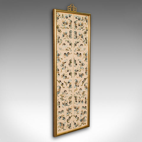Antique Decorative Panel, Chinese, Framed, Silk Cotton, Embroidered, Victorian