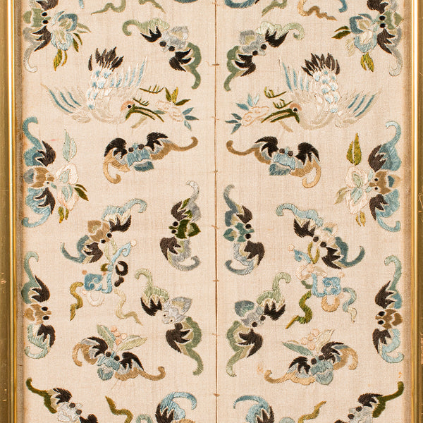 Antique Decorative Panel, Chinese, Framed, Silk Cotton, Embroidered, Victorian