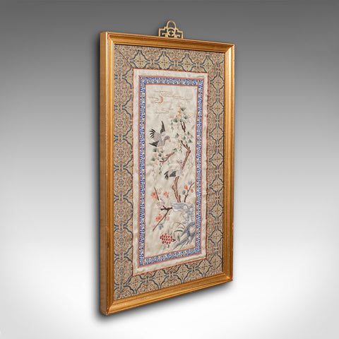 Antique Decorative Panel, Japanese, Framed, Silk Cotton Embroidery, Victorian