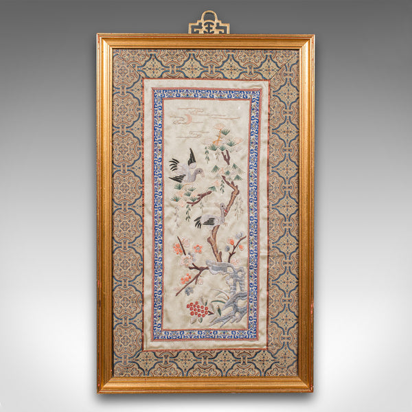 Antique Decorative Panel, Japanese, Framed, Silk Cotton Embroidery, Victorian