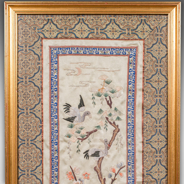 Antique Decorative Panel, Japanese, Framed, Silk Cotton Embroidery, Victorian