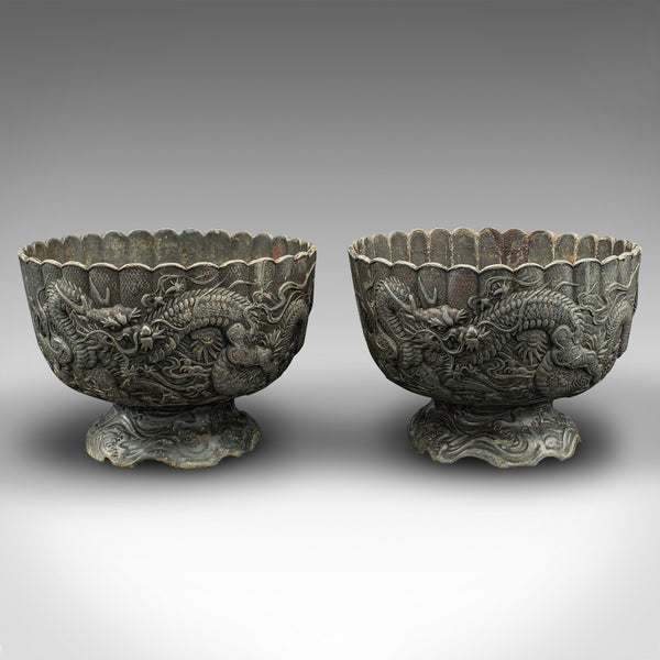 Pair Of Antique Decorative Planters, Chinese, Jardiniere Pot, Dragons, Victorian