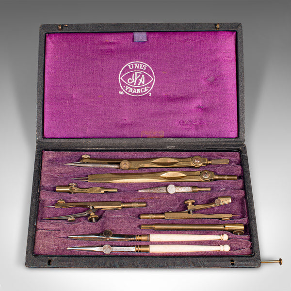 Vintage Scholar's Drawing Set, French, Brass, Draughtsman's Tools, Circa 1960