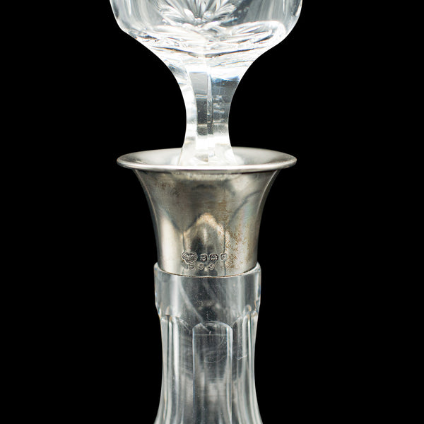 Vintage Spirit Decanter, English, Glass, Sterling Silver Collar, Hallmarked 1933