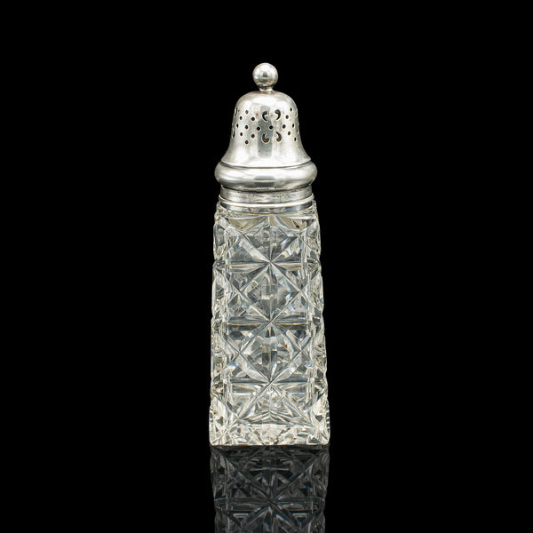 Vintage Sugar Shaker, English, Glass, Sterling Silver, Caster, Hallmarked 1929