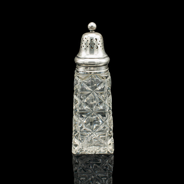 Vintage Sugar Shaker, English, Glass, Sterling Silver, Caster, Hallmarked 1929