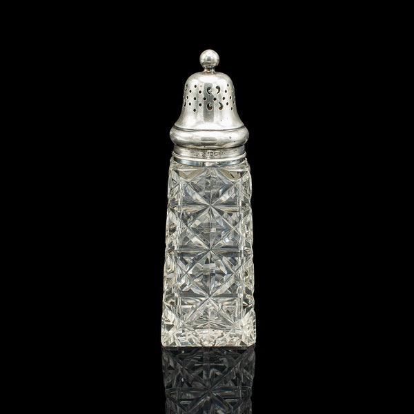 Vintage Sugar Shaker, English, Glass, Sterling Silver, Caster, Hallmarked 1929