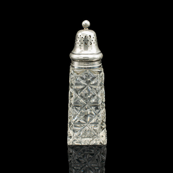 Vintage Sugar Shaker, English, Glass, Sterling Silver, Caster, Hallmarked 1929