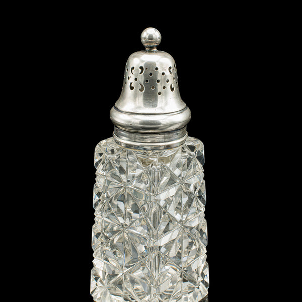 Vintage Sugar Shaker, English, Glass, Sterling Silver, Caster, Hallmarked 1929