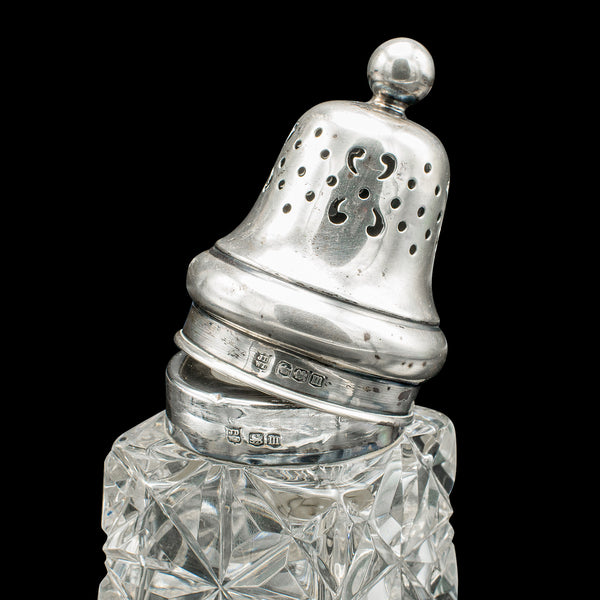 Vintage Sugar Shaker, English, Glass, Sterling Silver, Caster, Hallmarked 1929