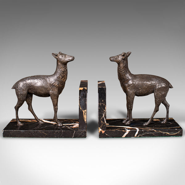 Pair Of Antique Doe Bookends, English, Spelter Bronze Deer, Book Rest, Edwardian