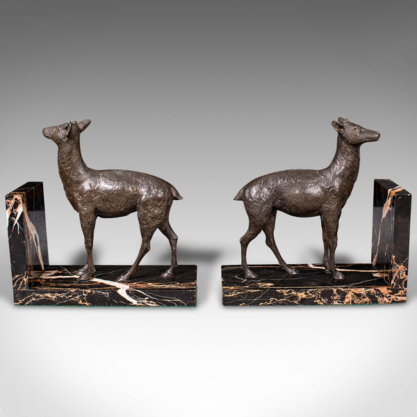 Pair Of Antique Doe Bookends, English, Spelter Bronze Deer, Book Rest, Edwardian