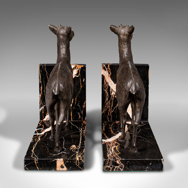 Pair Of Antique Doe Bookends, English, Spelter Bronze Deer, Book Rest, Edwardian