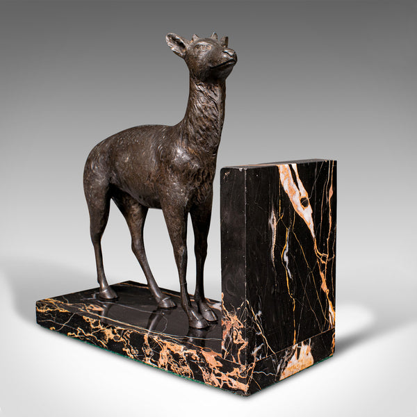 Pair Of Antique Doe Bookends, English, Spelter Bronze Deer, Book Rest, Edwardian