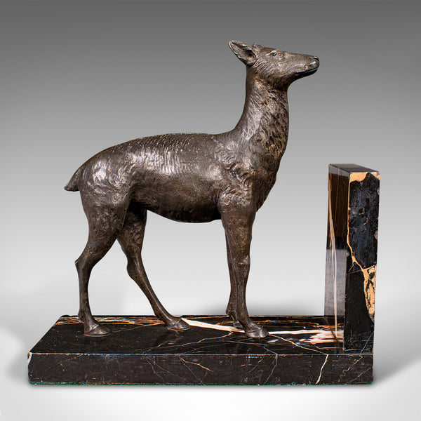 Pair Of Antique Doe Bookends, English, Spelter Bronze Deer, Book Rest, Edwardian