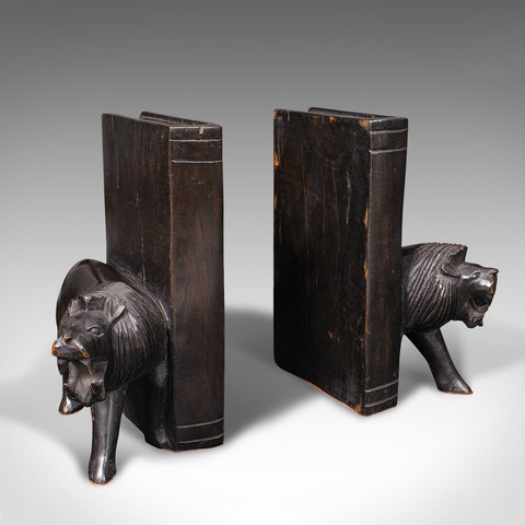 Pair of Antique Carved Lion Bookends, Oriental, Ebonised, Book Rest, Victorian