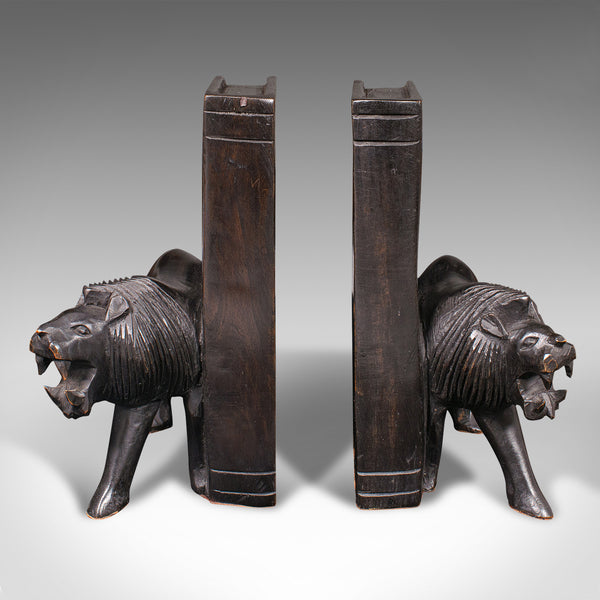 Pair of Antique Carved Lion Bookends, Oriental, Ebonised, Book Rest, Victorian