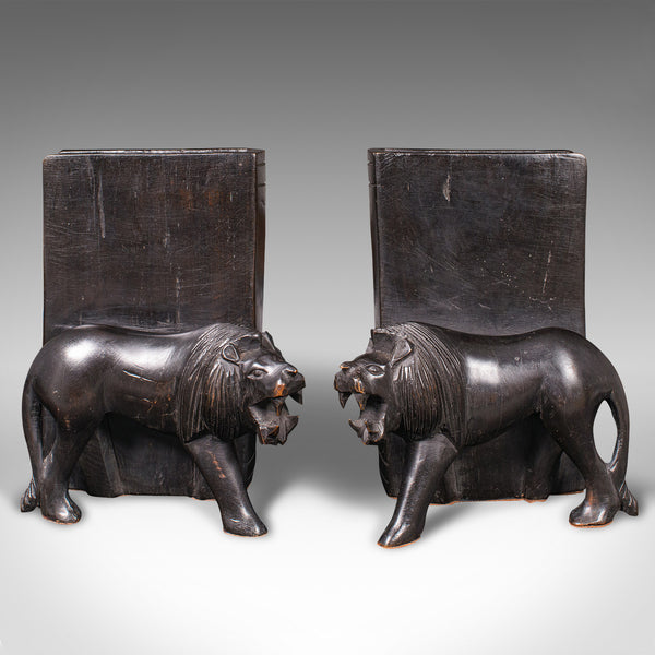 Pair of Antique Carved Lion Bookends, Oriental, Ebonised, Book Rest, Victorian