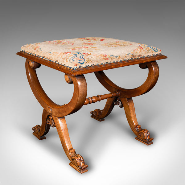 Antique X Frame Stool, English, Walnut, Needlepoint, Footstool, Regency, C.1820