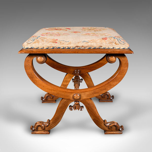 Antique X Frame Stool, English, Walnut, Needlepoint, Footstool, Regency, C.1820