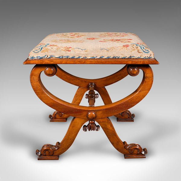 Antique X Frame Stool, English, Walnut, Needlepoint, Footstool, Regency, C.1820