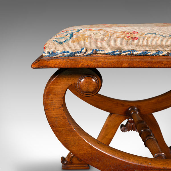 Antique X Frame Stool, English, Walnut, Needlepoint, Footstool, Regency, C.1820