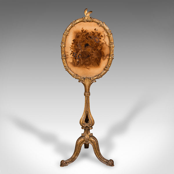 Antique Pole Screen, English, Giltwood, Glass, Fireside Reflector, Regency, 1820