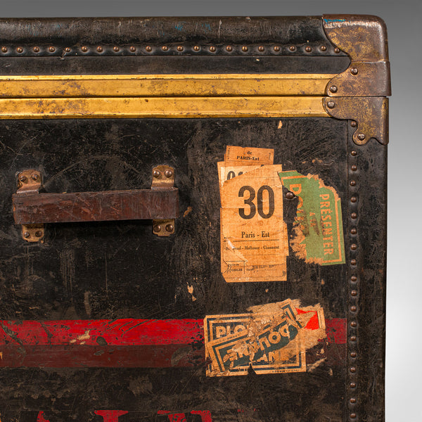 Large Antique Steamer Trunk, American, Leather, Brass, Shipping Chest, Edwardian