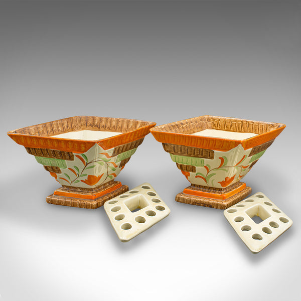Pair Of Vintage Dried Flower Vases, English, Hand Painted Ceramic, Art Deco
