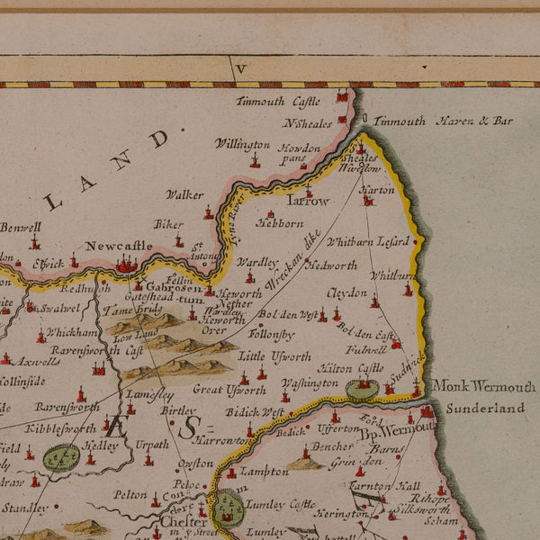 Antique Lithography Map, Durham, English, Framed, Cartography, Early Georgian