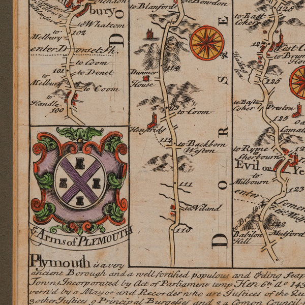 Antique Coaching Road Map, Devon, English, Regional Cartography, Georgian, 1720