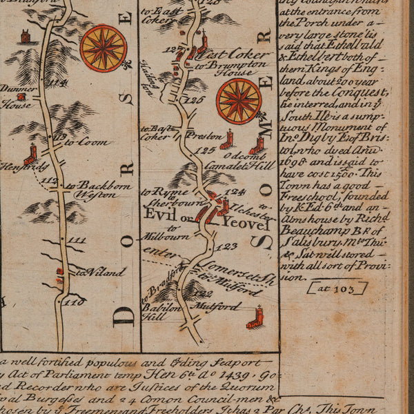 Antique Coaching Road Map, Devon, English, Regional Cartography, Georgian, 1720