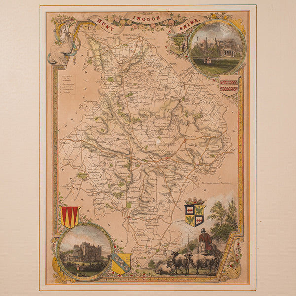 Antique Lithography Map, Huntingdonshire, English, Framed Cartography, Victorian