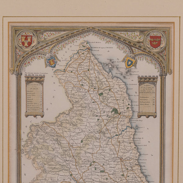 Antique Lithography Map, Northumberland, English, Framed, Engraving, Cartography