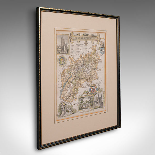 Antique Lithography Map, Gloucestershire, English, Framed Engraving, Cartography