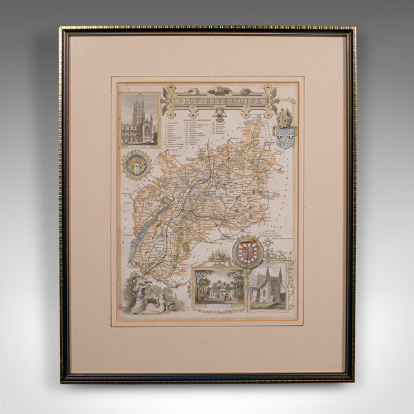 Antique Lithography Map, Gloucestershire, English, Framed Engraving, Cartography