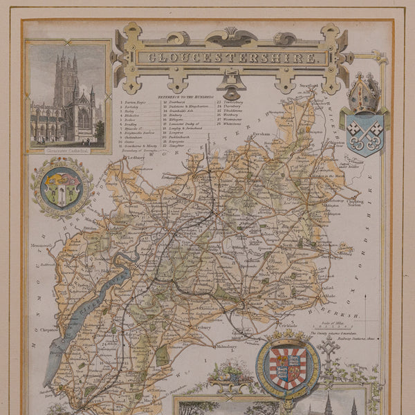 Antique Lithography Map, Gloucestershire, English, Framed Engraving, Cartography